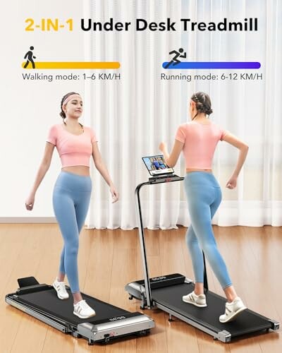 Two-in-one under desk treadmill with walking and running modes.