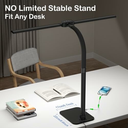 Adjustable desk lamp with phone charging on a table.