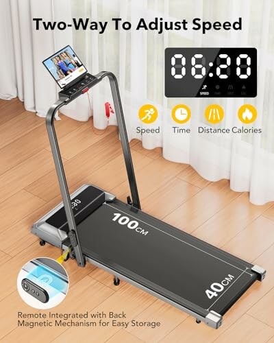 Compact treadmill with adjustable speed, distance and calorie display.