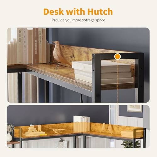 Desk with hutch featuring storage space and minimalist decor.