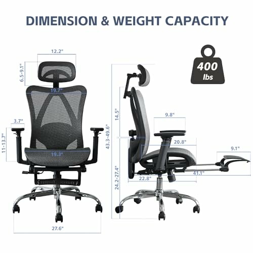 Ergonomic mesh office chair with dimensions and 400 lbs weight capacity.