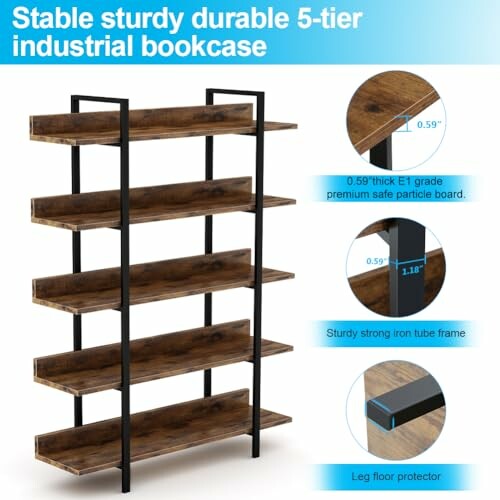 5-tier industrial bookcase with wooden shelves and metal frame.