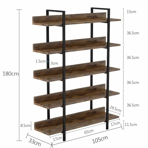 Industrial bookshelf with five wooden shelves and metal frame, dimensions labeled.