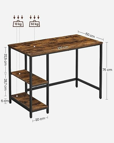 Industrial wooden desk with three shelves and weight capacity indicators.