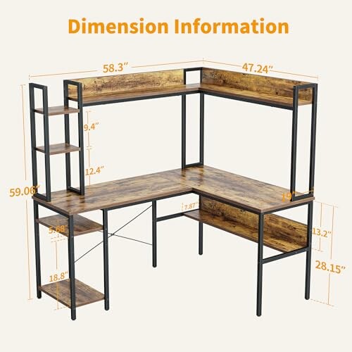 L-shaped desk with shelves and dimensions labeled.