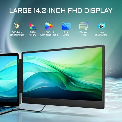 Large 14.2-inch FHD display with features like 300 nits brightness, 72% NTSC, 1000:1 contrast ratio, anti-glare, flicker-free, low blue light.