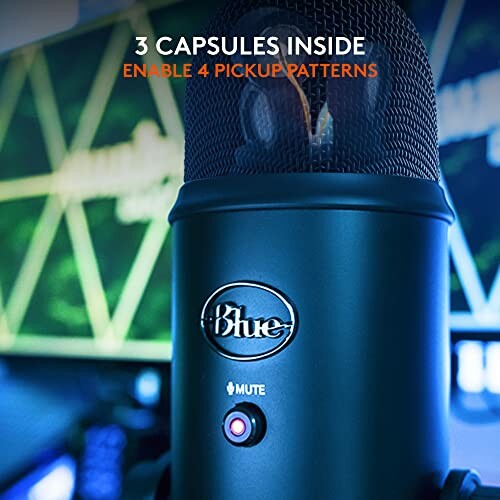 Close-up of a Blue Yeti microphone with text '3 Capsules Inside, Enable 4 Pickup Patterns'