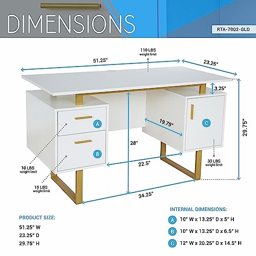 Dimensions and weight limits of a modern desk with storage.