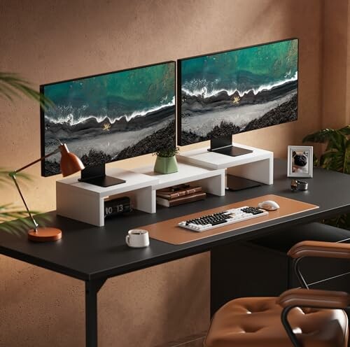 Modern desk with dual monitors and decor