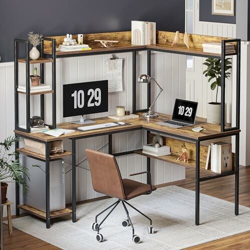 L-shaped wooden desk with computer monitors and office chair in a home office.