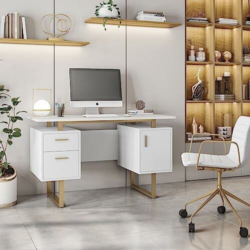 Stylish home office with desk, computer, chair, and shelves.