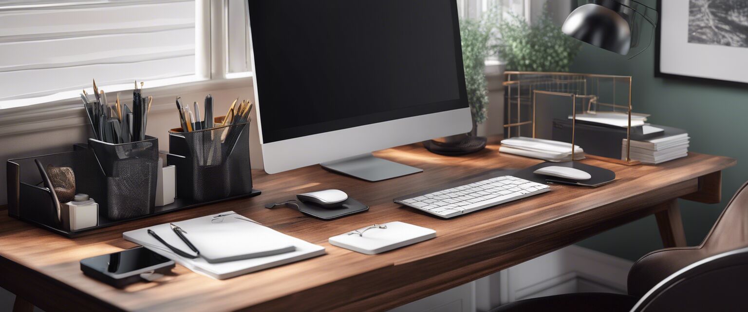 Modern office desk with supplies