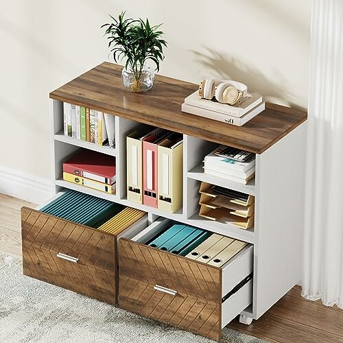 Modern wooden cabinet with open compartments and two drawers, containing files and decor items.