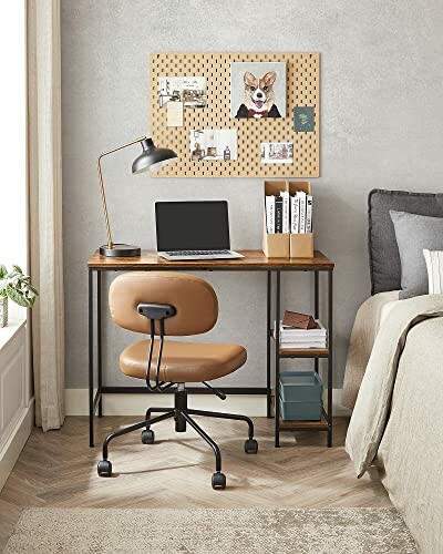 Compact home office setup with a desk, chair, and laptop.