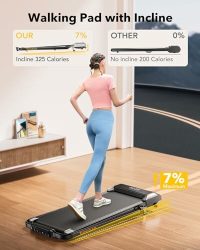 Woman using an inclined treadmill with calorie comparison chart.