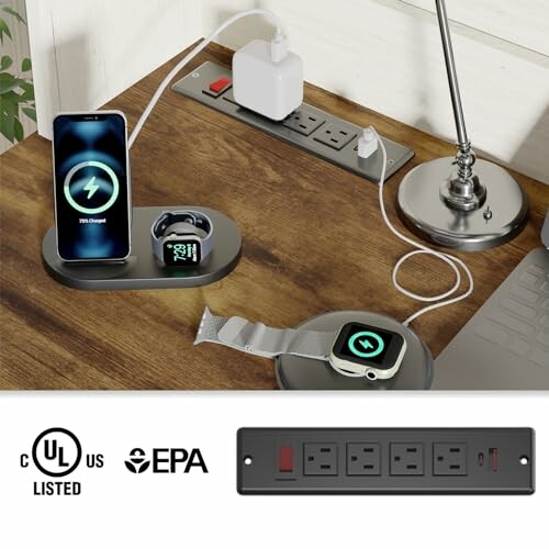 Wireless charging station on desk with phone, watch, and power strip.