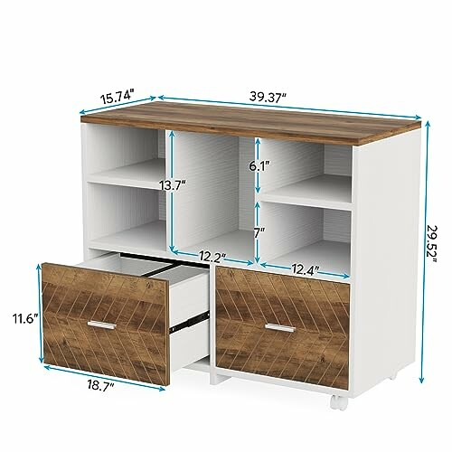 Wooden storage cabinet with drawers and shelves, dimensions labeled.